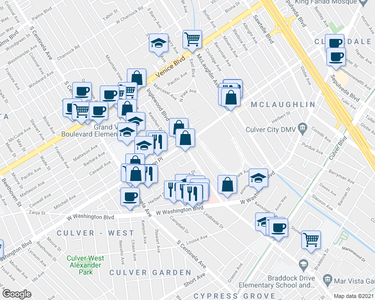 map of restaurants, bars, coffee shops, grocery stores, and more near 11960 Washington Place in Los Angeles