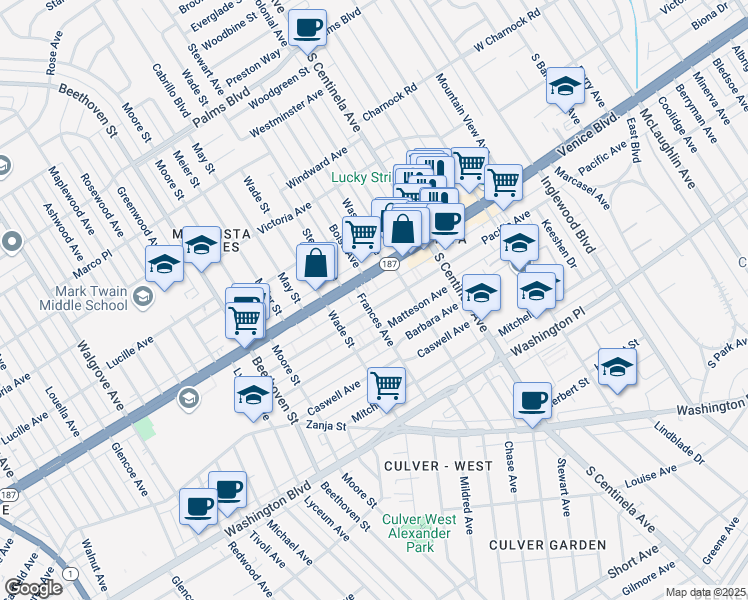 map of restaurants, bars, coffee shops, grocery stores, and more near 12518 Venice Boulevard in Los Angeles
