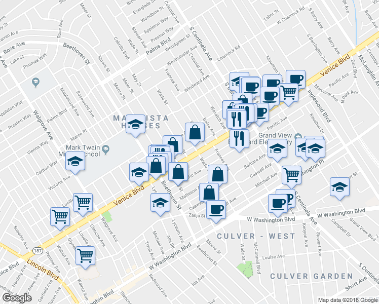 map of restaurants, bars, coffee shops, grocery stores, and more near 3787 Wade Street in Los Angeles