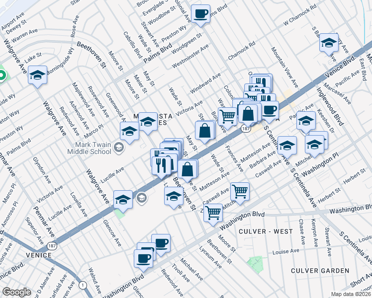 map of restaurants, bars, coffee shops, grocery stores, and more near 3767 May Street in Los Angeles