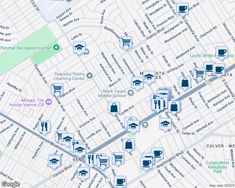map of restaurants, bars, coffee shops, grocery stores, and more near 3632 Ashwood Avenue in Los Angeles