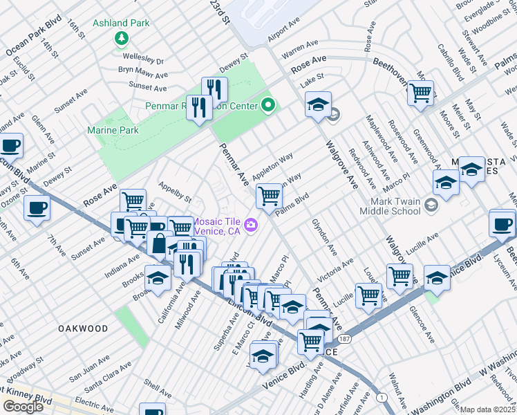 map of restaurants, bars, coffee shops, grocery stores, and more near 1740 Penmar Avenue in Los Angeles