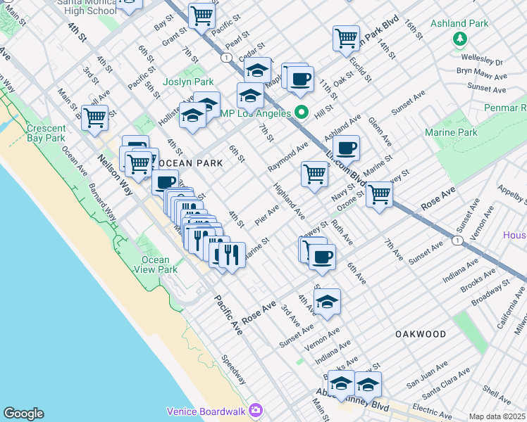 map of restaurants, bars, coffee shops, grocery stores, and more near 504 Ashland Avenue in Santa Monica
