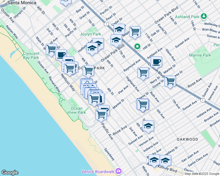 map of restaurants, bars, coffee shops, grocery stores, and more near 420 Raymond Avenue in Santa Monica