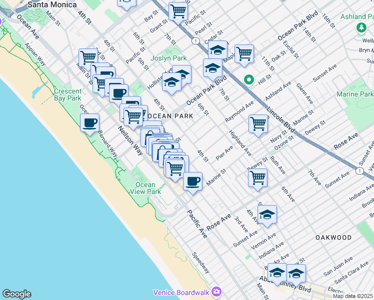 map of restaurants, bars, coffee shops, grocery stores, and more near 2704 Hill Street in Santa Monica