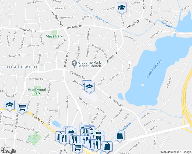map of restaurants, bars, coffee shops, grocery stores, and more near 1313 Brennen Road in Columbia