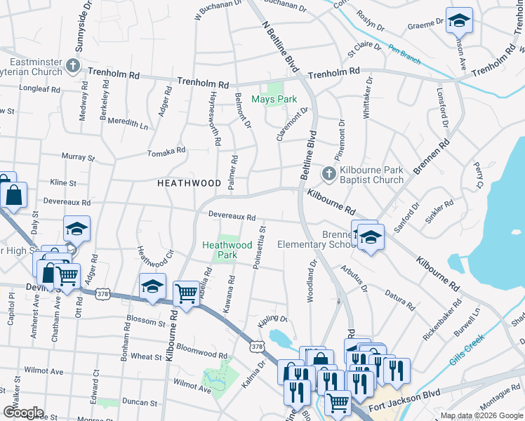 map of restaurants, bars, coffee shops, grocery stores, and more near 4008 Kilbourne Road in Columbia