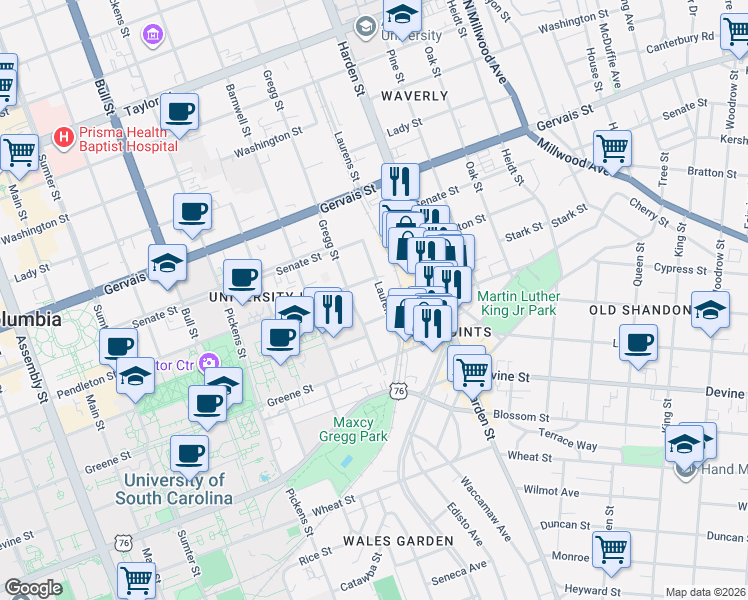 map of restaurants, bars, coffee shops, grocery stores, and more near 924 Laurens Street in Columbia