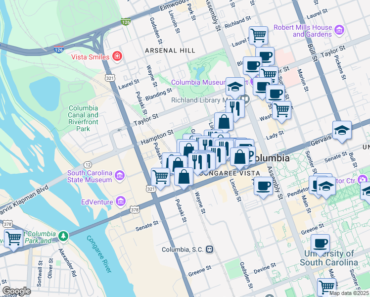 map of restaurants, bars, coffee shops, grocery stores, and more near 1405 Gadsden Street in Columbia
