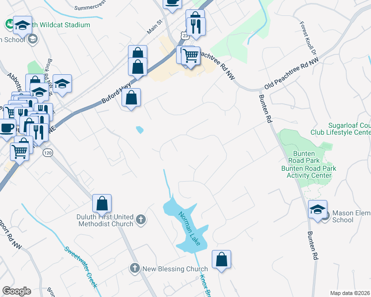 map of restaurants, bars, coffee shops, grocery stores, and more near 3313 Lancing Court in Duluth