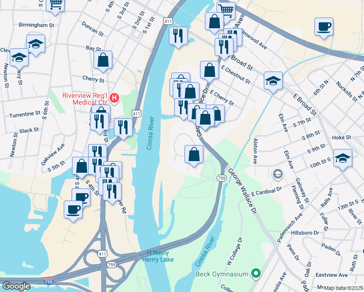 map of restaurants, bars, coffee shops, grocery stores, and more near 513 George Wallace Drive in Gadsden