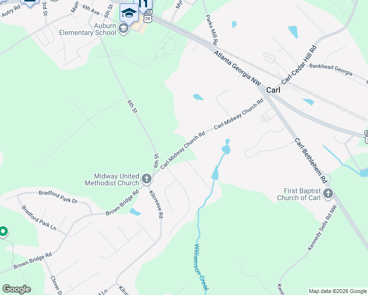 map of restaurants, bars, coffee shops, grocery stores, and more near 114 Carl-Midway Church Road in Auburn