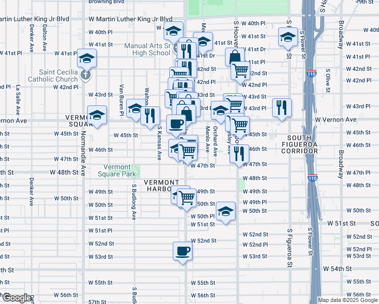 map of restaurants, bars, coffee shops, grocery stores, and more near 976 West 46th Street in Los Angeles