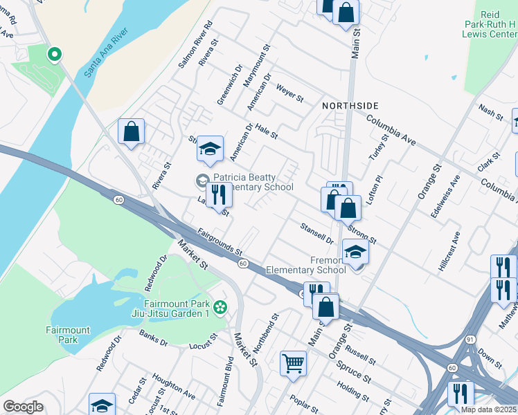 map of restaurants, bars, coffee shops, grocery stores, and more near 1810 Parkplace Lane in Riverside