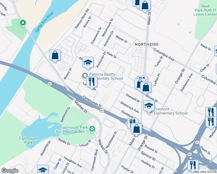 map of restaurants, bars, coffee shops, grocery stores, and more near 1810 Parkplace Lane in Riverside