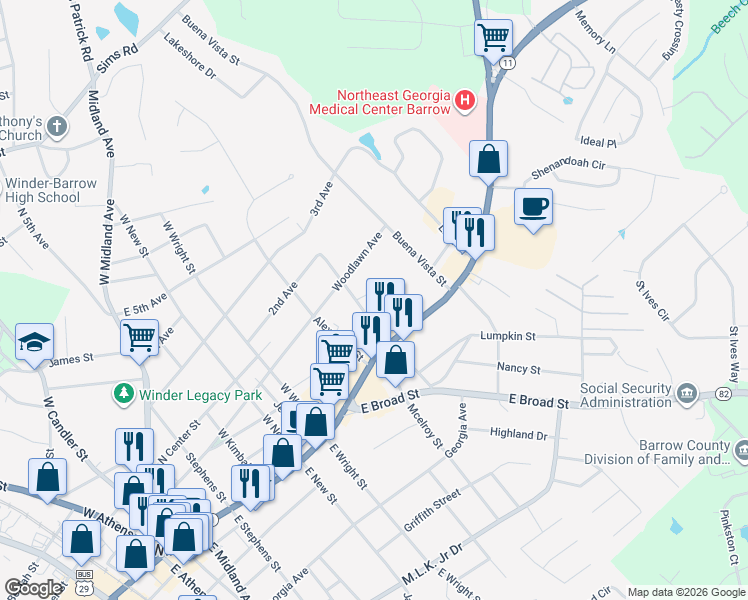 map of restaurants, bars, coffee shops, grocery stores, and more near 41 Williams Court in Winder