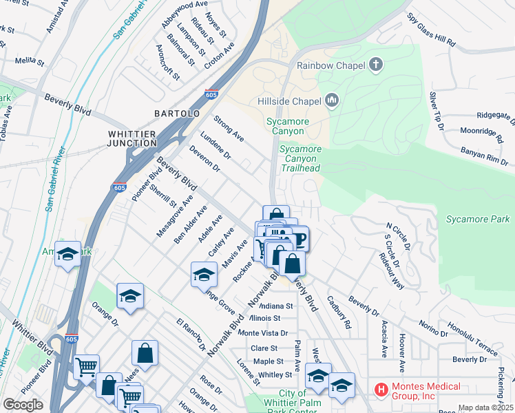 map of restaurants, bars, coffee shops, grocery stores, and more near in Whittier