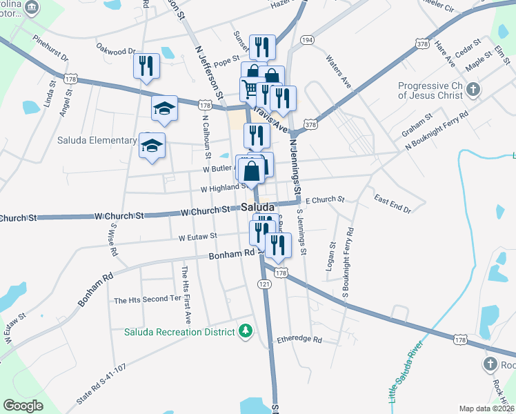map of restaurants, bars, coffee shops, grocery stores, and more near in Saluda
