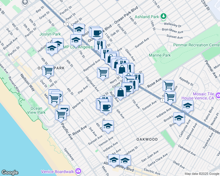 map of restaurants, bars, coffee shops, grocery stores, and more near 703 Ozone Street in Santa Monica