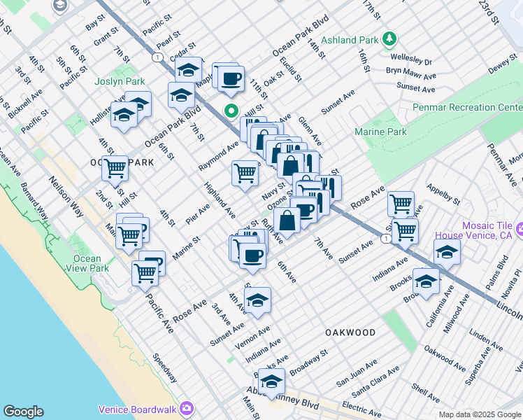 map of restaurants, bars, coffee shops, grocery stores, and more near 703 Ozone Street in Santa Monica