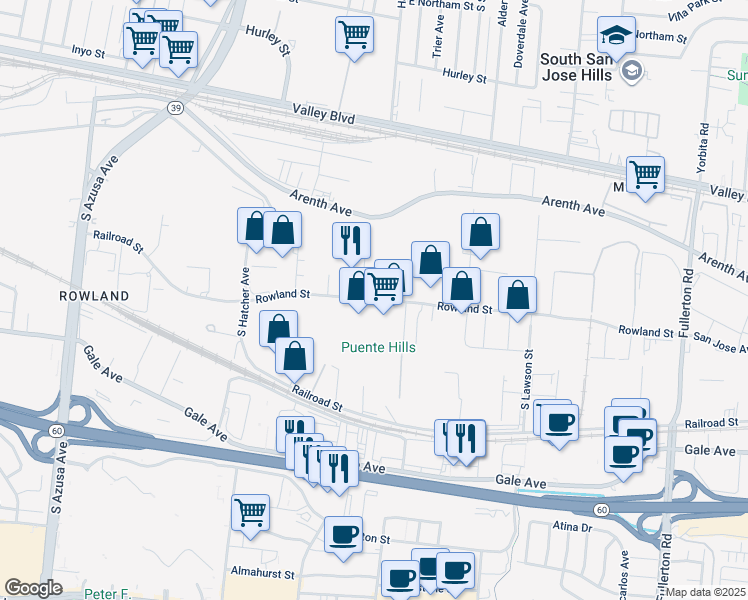 map of restaurants, bars, coffee shops, grocery stores, and more near 2539 Saleroso Drive in Rowland Heights