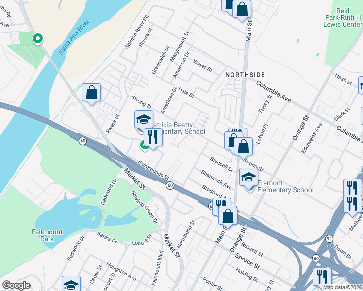map of restaurants, bars, coffee shops, grocery stores, and more near 4054 Strong Street in Riverside