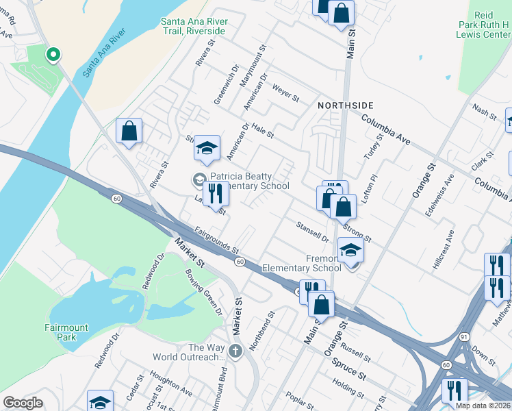 map of restaurants, bars, coffee shops, grocery stores, and more near 1810 Parkplace Lane in Riverside
