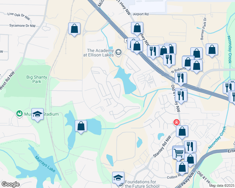 map of restaurants, bars, coffee shops, grocery stores, and more near 1949 Lakeshore Overlook Circle Northwest in Kennesaw