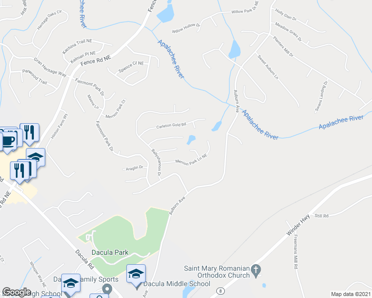 map of restaurants, bars, coffee shops, grocery stores, and more near 356 Reliance Way Northeast in Dacula