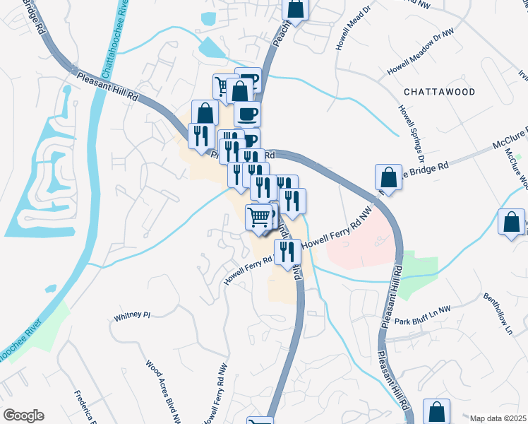 map of restaurants, bars, coffee shops, grocery stores, and more near 3555 Peachtree Industrial Boulevard in Duluth
