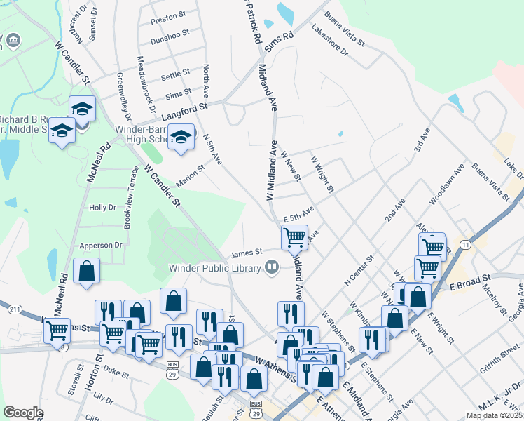 map of restaurants, bars, coffee shops, grocery stores, and more near 176 North 5th Avenue in Winder