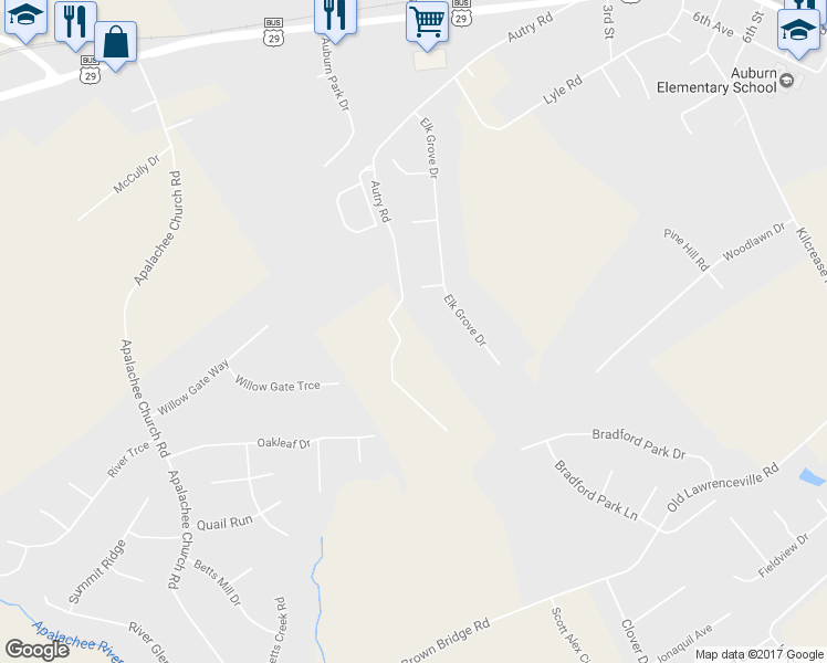 map of restaurants, bars, coffee shops, grocery stores, and more near 196 Autry Road in Auburn