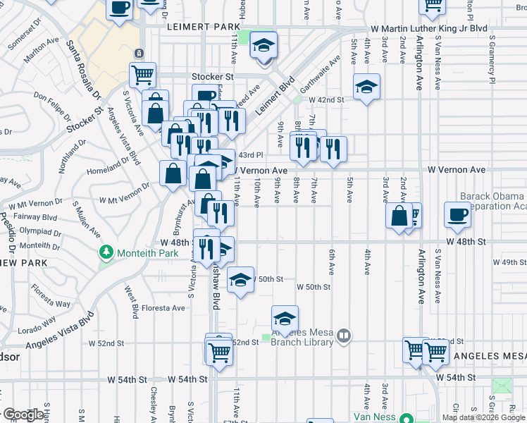 map of restaurants, bars, coffee shops, grocery stores, and more near 4606 10th Avenue in Los Angeles