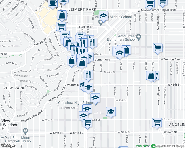 map of restaurants, bars, coffee shops, grocery stores, and more near 3223 West 46th Street in Los Angeles