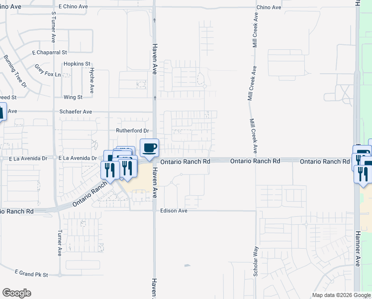 map of restaurants, bars, coffee shops, grocery stores, and more near 3595 East Delight Paseo in Ontario