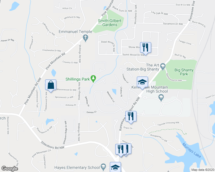 map of restaurants, bars, coffee shops, grocery stores, and more near 2133 Shillings Way in Kennesaw