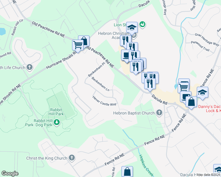 map of restaurants, bars, coffee shops, grocery stores, and more near 231 Beckenham Lane in Dacula