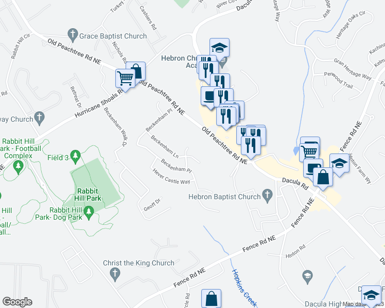 map of restaurants, bars, coffee shops, grocery stores, and more near 211 Beckenham Lane in Dacula