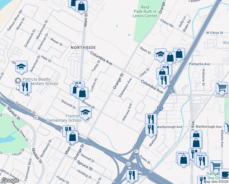 map of restaurants, bars, coffee shops, grocery stores, and more near 1466 Powell Way in Riverside