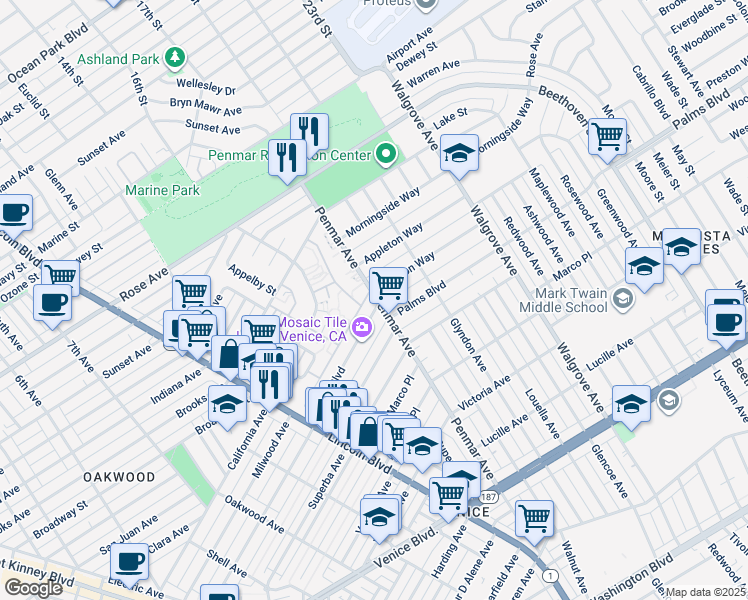 map of restaurants, bars, coffee shops, grocery stores, and more near 1813 Penmar Avenue in Los Angeles