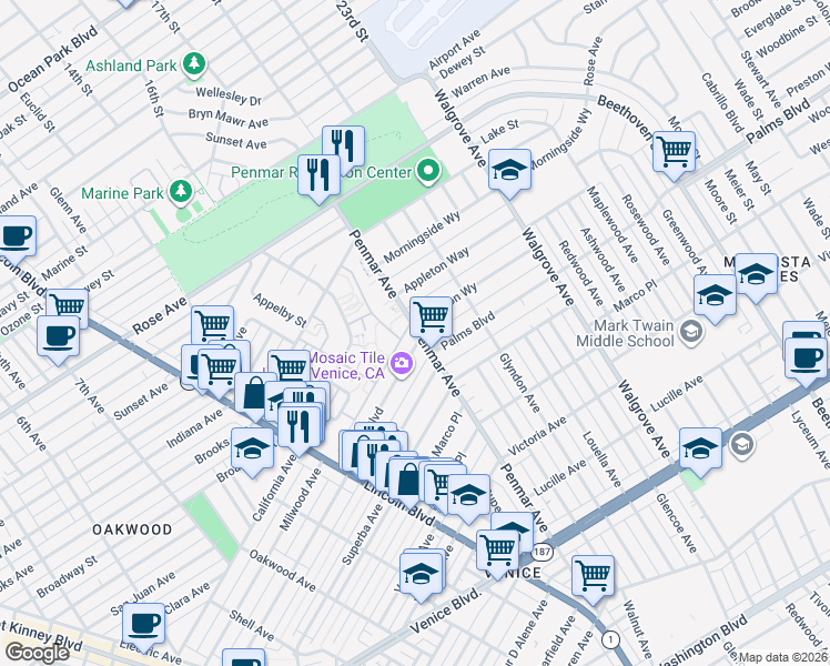map of restaurants, bars, coffee shops, grocery stores, and more near 1740 Penmar Avenue in Los Angeles