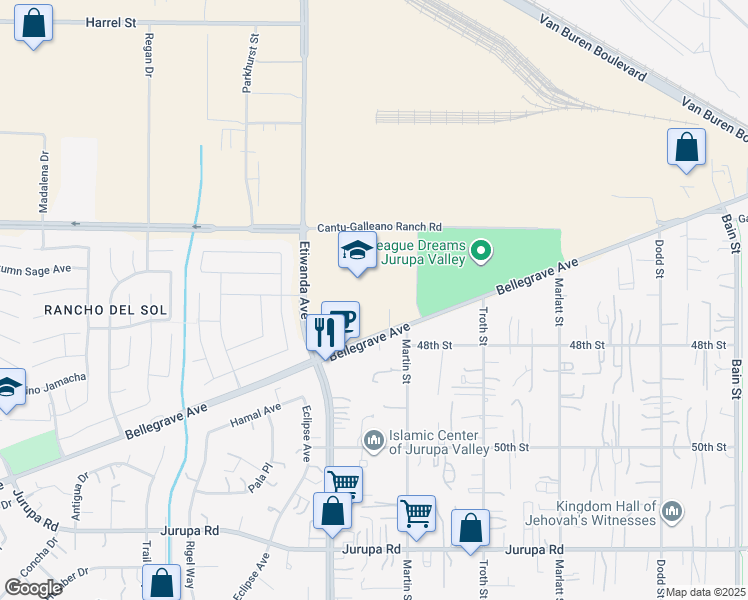 map of restaurants, bars, coffee shops, grocery stores, and more near 10551 Bellegrave Avenue in Jurupa Valley