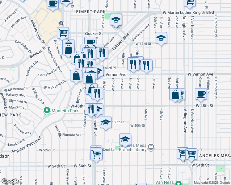 map of restaurants, bars, coffee shops, grocery stores, and more near 4606 10th Avenue in Los Angeles