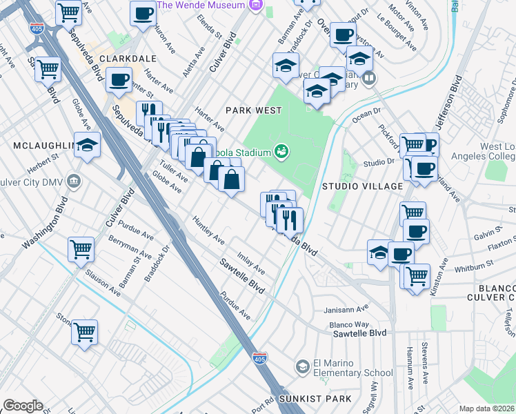 map of restaurants, bars, coffee shops, grocery stores, and more near 4760 Sepulveda Boulevard in Culver City
