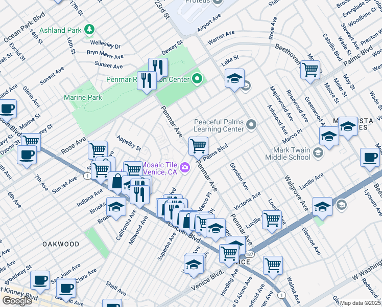 map of restaurants, bars, coffee shops, grocery stores, and more near 1813 Penmar Avenue in Los Angeles