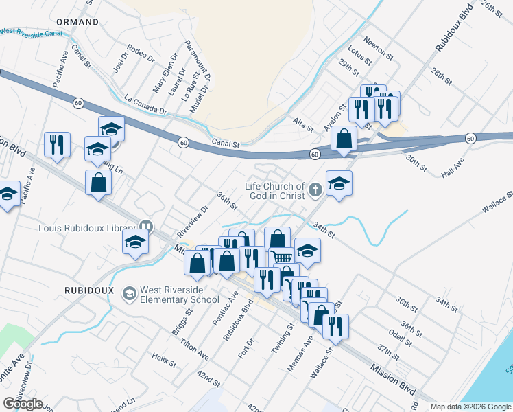 map of restaurants, bars, coffee shops, grocery stores, and more near 3502 Palmwood Drive in Jurupa Valley