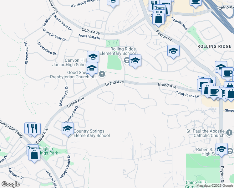map of restaurants, bars, coffee shops, grocery stores, and more near 2638 Highridge Drive in Chino Hills