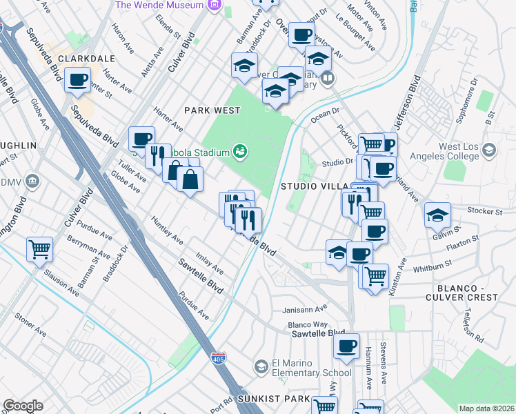 map of restaurants, bars, coffee shops, grocery stores, and more near 11136 Lucerne Avenue in Culver City