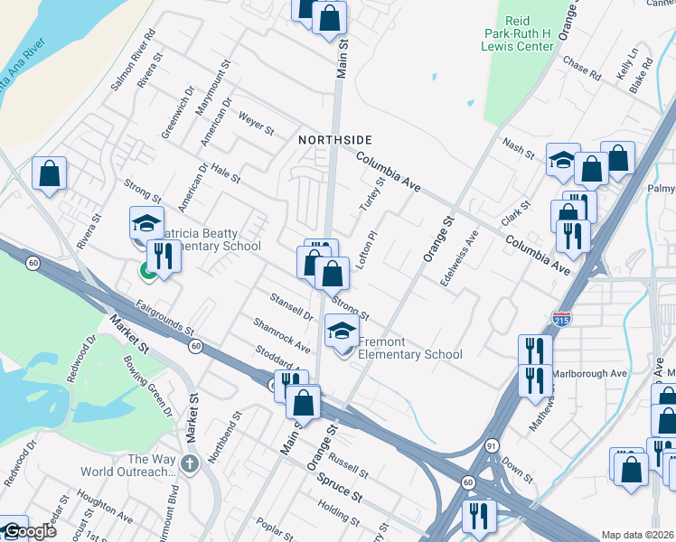 map of restaurants, bars, coffee shops, grocery stores, and more near 3766 Lofton Place in Riverside