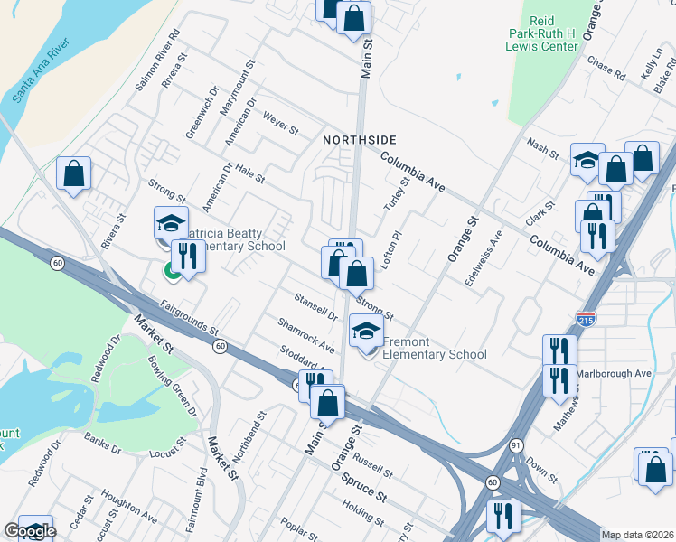map of restaurants, bars, coffee shops, grocery stores, and more near 3815 Lofton Place in Riverside